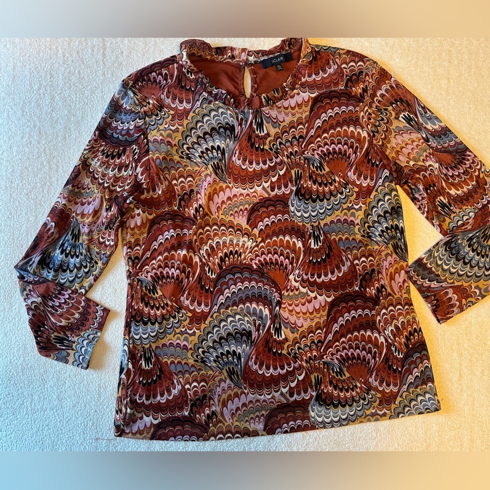 Eclair Long Sleeve Top, Sheer Layered Material. Earthy Boho Pattern, Women’s XL